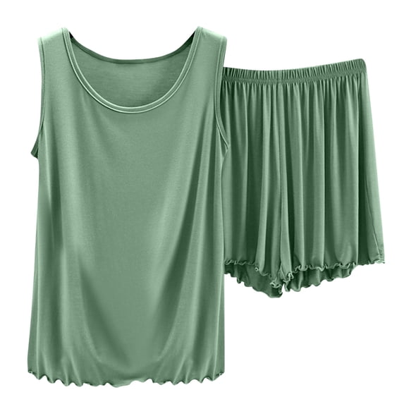 Enjoytime Womens Pajama Sets Solid Color Round Neck Sleeveless Tops and Shorts Thin Outfits Loose Casual 2 Piece Sleepwear Loungewear