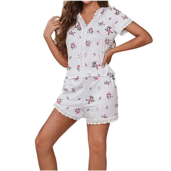 Enjoytime Womens Pajama Sets Summer Casual Print Lace Matching Sleepwear V-Neck Short Sleeve Shirts Shorts 2 Piece Pjs Set