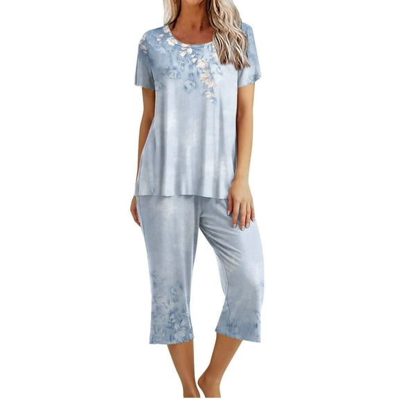 Enjoytime Womens Pajama Sets Vintage Printed Round Neck Short Sleeve Tops Cropped Pants 2 Piece Outfit Soft Comfy Loungewear Nightwear with Pockets
