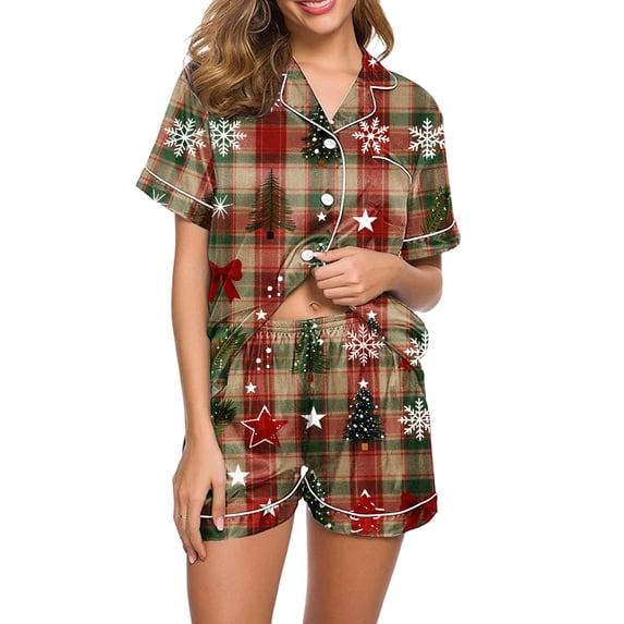 Enjoytime Womens Pajamas Christmas Print Short Sleeve 2 Piece Loungewear Sets Holiday Casual Comfy Button Down Sleepwear