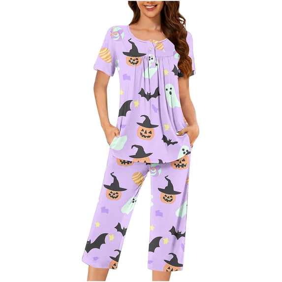 Enjoytime Womens Pajamas Halloween Print Short Sleeve Tops Capri Pants 2 Piece Lounge Set Plus Size Comfy Soft Sleepwear