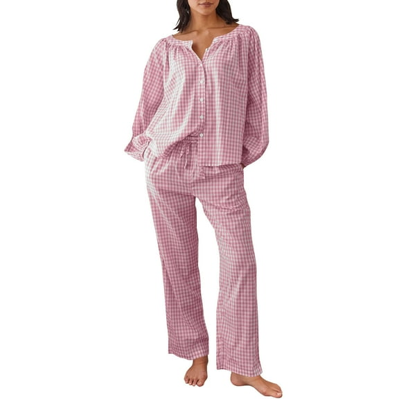 Enjoytime Womens Pajamas Plaid V-Neck Long Sleeve Button Down Blouses Pants Two Piece Sets Ruffled Fashion Sleepwear Casual Cozy Loungewear