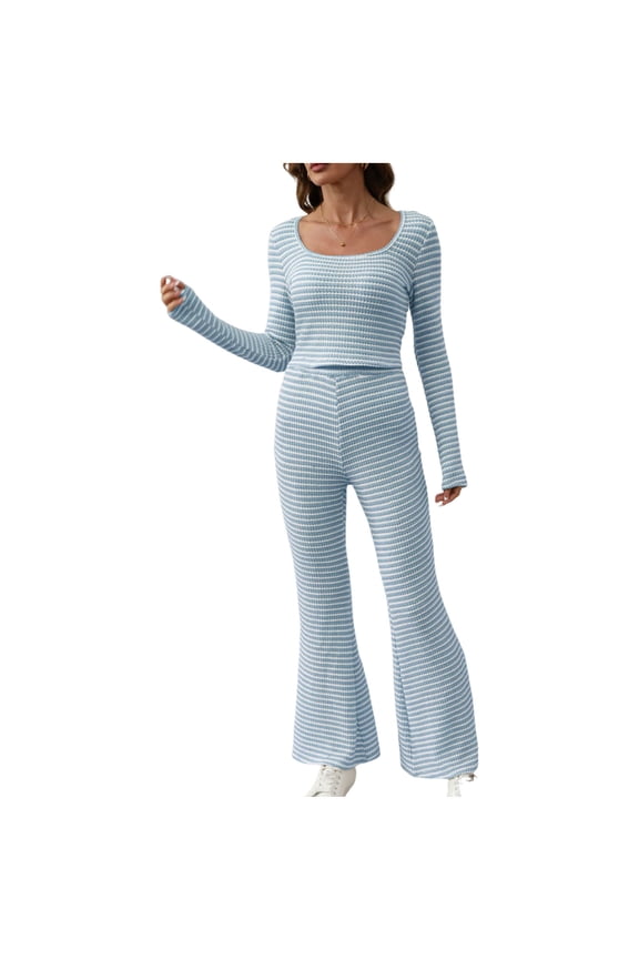 Womens Pajamas Stripe Crew Neck Long Sleeve Tops and Pants Loungewear Fashion Comfy Sleepwear Matching Casual Travel Outfits