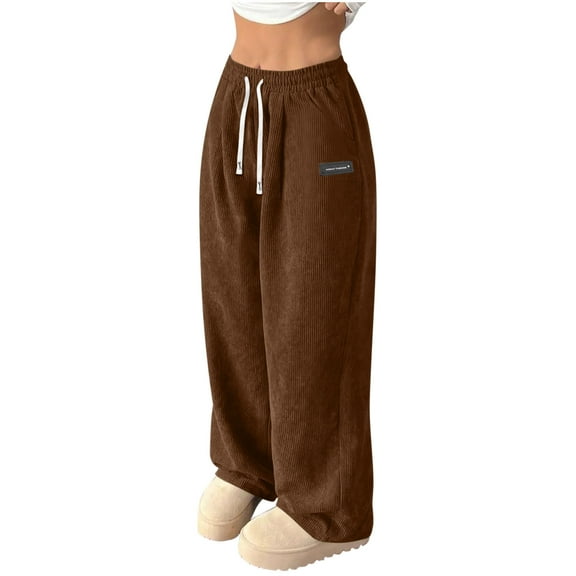 Enjoytime Womens Pants Corduroy Elastic Waist Wide Leg Pants Fashion Printing Casual Loose Trousers with Pockets Brown M