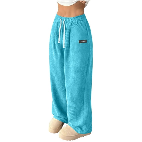 Enjoytime Womens Pants Corduroy Elastic Waist Wide Leg Pants Fashion Printing Casual Loose Trousers with Pockets Sky Blue M