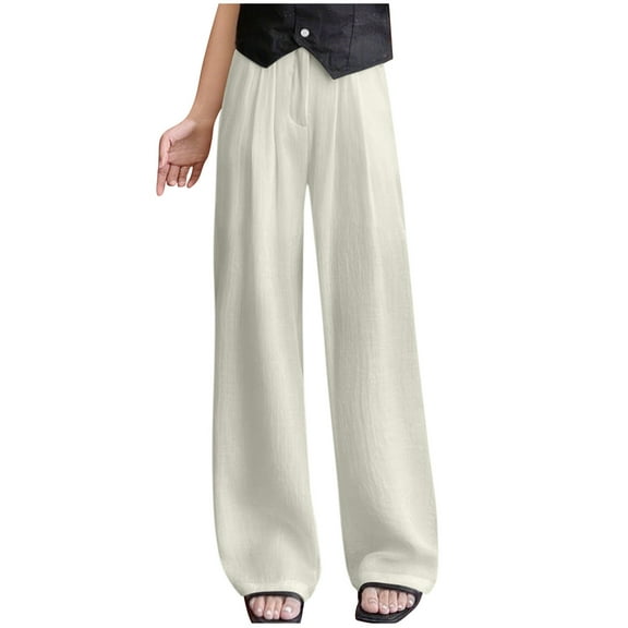 Enjoytime Womens Pants High Waisted Straight Leg Wide Leg Trousers Solid Color Soft Casual Loose Comfy Pants Beige M