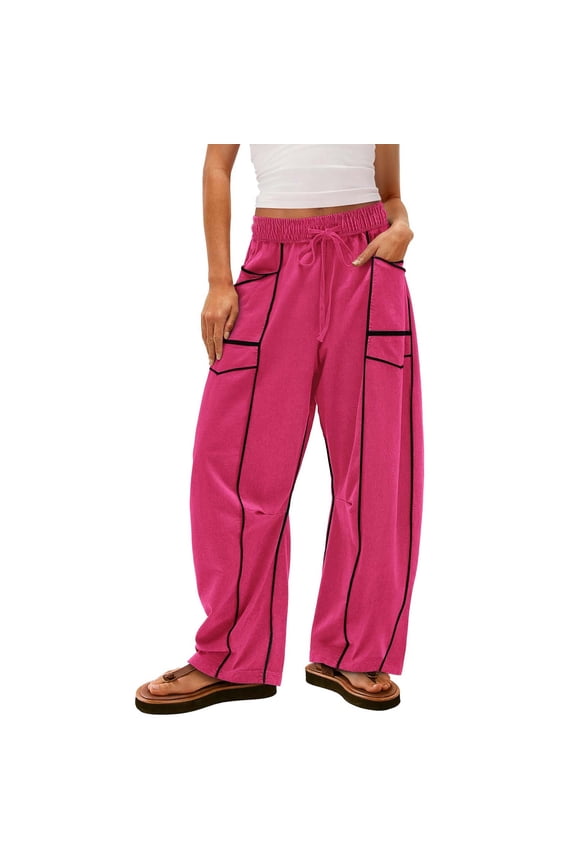 Womens Pants Patchwork Drawstring Elastic Waisted Wide Leg Pants Casual Baggy Outdoor Travel Trousers Hot Pink XXL