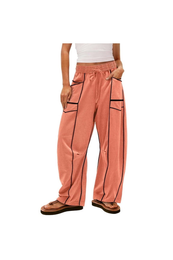 Womens Pants Patchwork Drawstring Elastic Waisted Wide Leg Pants Casual Baggy Outdoor Travel Trousers Orange S
