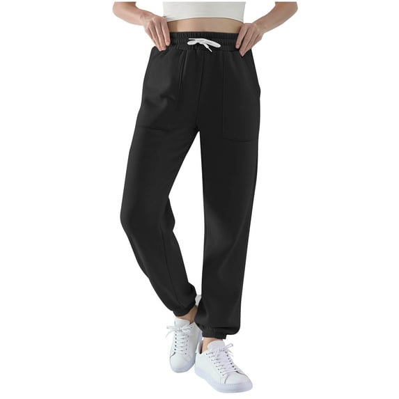 Enjoytime Womens Pants Solid Color Elastic Waist Drawstring Sweatpants with Pockets Casual Loose High Waisted Lounge Pants Black S
