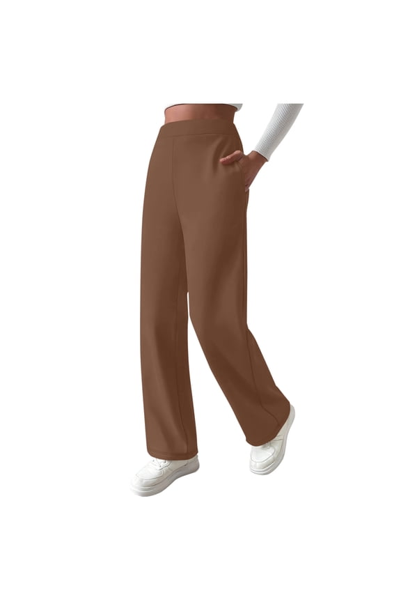 Womens Pants Solid Color High Waist Straight Leg Pants Fall Winter Warm Comfy Loose Casual Wide Leg Trousers Brown M