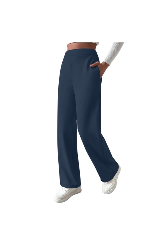 Womens Pants Solid Color High Waist Straight Leg Pants Fall Winter Warm Comfy Loose Casual Wide Leg Trousers Navy XXL