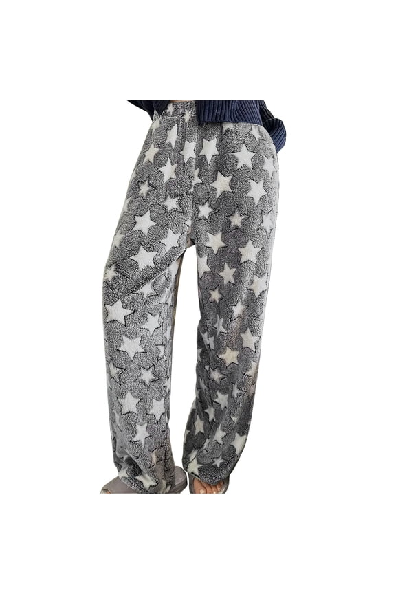 Womens Pants Star Printed Elastic Waist Wide Leg Trousers Fall Winter Warm Comfy Lounge Sleep Pants with Pockets Gray S