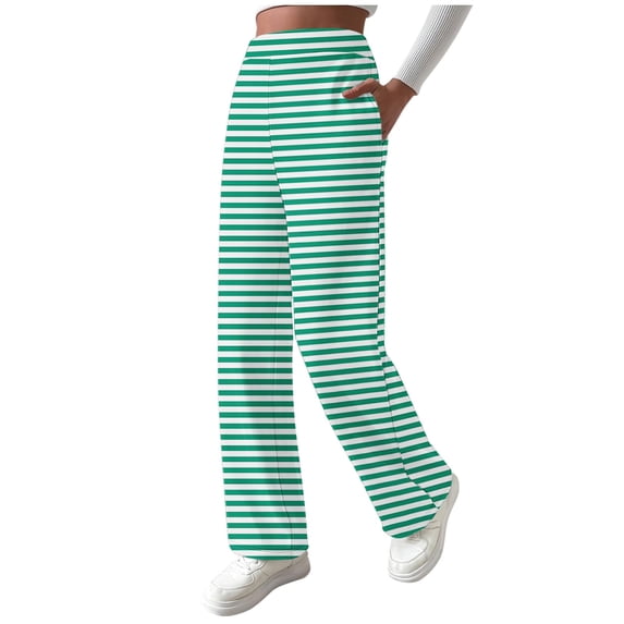 Enjoytime Womens Pants Striped High Waist Wide Leg Trousers Fall Winter Warm Loose Comfy Casual Pants with Pockets Mint Green XXL