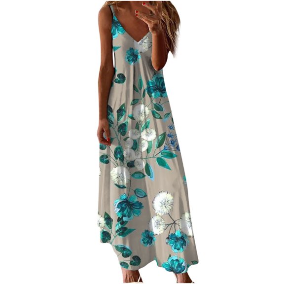 Enjoytime Womens Plus Size Beach Dresses Sleeveless Spaghetti Strap V Neck Maxi Dresses A-Line Flowy Swing Seaside Women's Boho Floral Dress