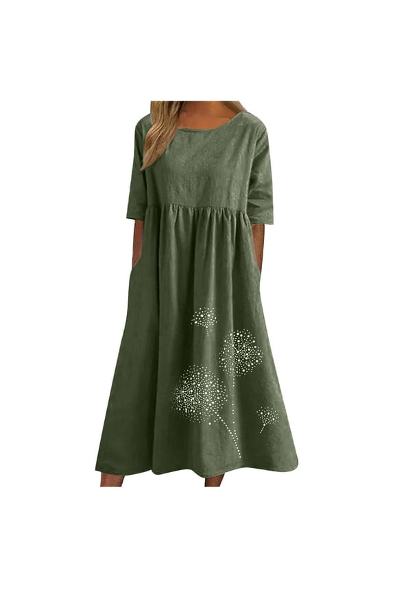 Womens Plus Size Summer Midi Dresses Short Sleeve Round Neck T Shirt Dress Loose Flowy Boho Floral Cotton And Linen Beach Dress