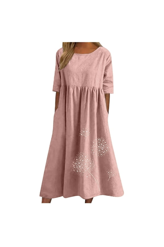 Womens Plus Size Summer Midi Dresses Short Sleeve Round Neck T Shirt Dress Loose Flowy Boho Floral Cotton And Linen Beach Dress