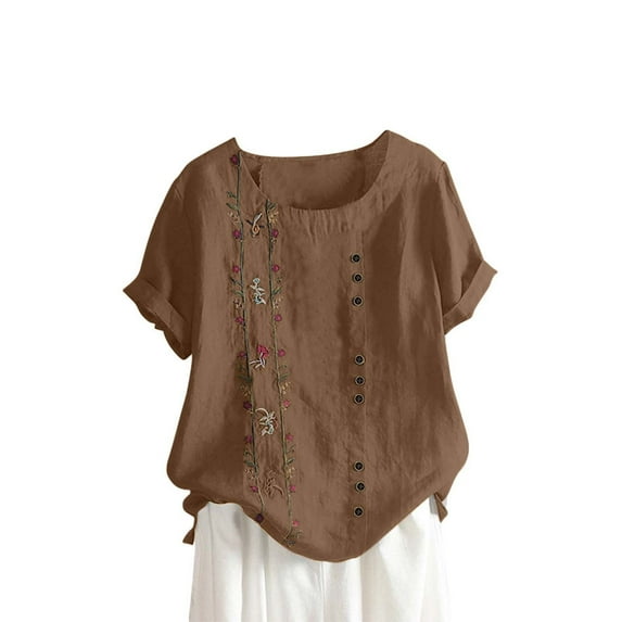 Enjoytime Womens Plus Size Summer Tops Oversized Flower Printed Button Cotton Linen Shirt Short Sleeve Round Neck Plain Women Plus Size Causal Top Summer Outfits 2025