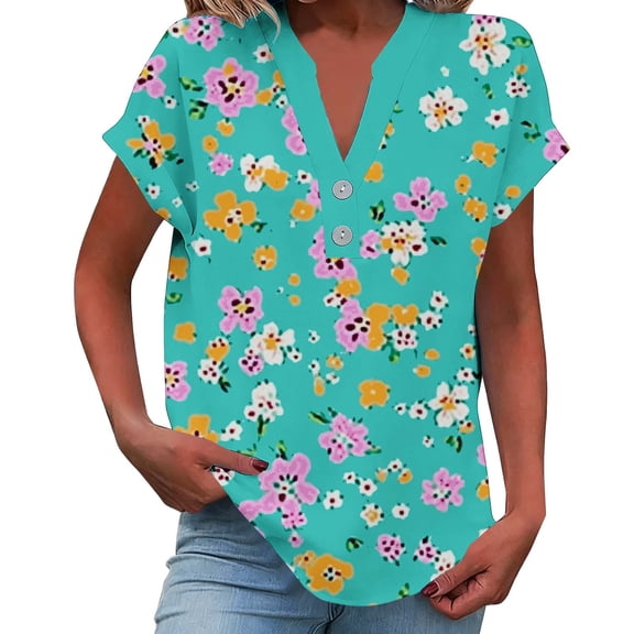 Enjoytime Womens Plus Size Tops Floral Printed V-Neck Short Sleeve Shirt Casual Beach Vacation Blouses 2026 Spring Fashion Clothing Mint Green M