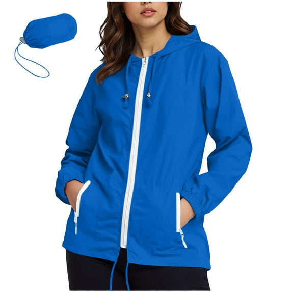 Enjoytime Womens Rain Jacket with Hood Waterproof Long Sleeve Raincoat Lightweight Casual Outdoor Windbreaker Plus Size Clothes Blue L