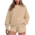 thumbnail image 1 of Enjoytime Womens Sets 2 Piece Outfits Solid Color Crewneck Long Sleeve Sweatshirt Shorts Loungewear Casual Loose Travel Fall Winter Set Beige L, 1 of 7