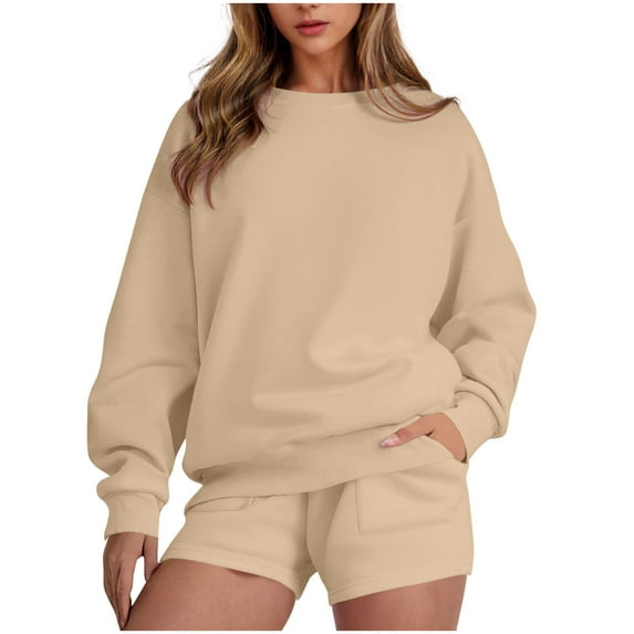 Enjoytime Womens Sets 2 Piece Outfits Solid Color Crewneck Long Sleeve Sweatshirt Shorts Loungewear Casual Loose Travel Fall Winter Set Beige L