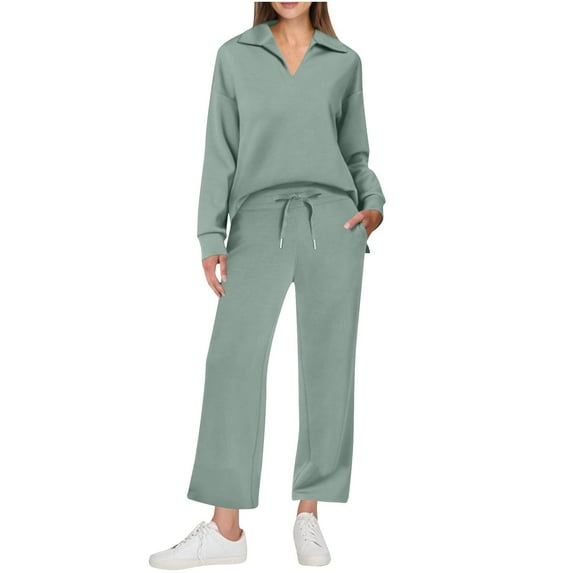 Enjoytime Womens Sets 2 Piece Outfits Solid Color V-Neck Long Sleeve Tops Elastic Waist Flared Pants Loungewear Loose Casual Plus Size Womens Clothing Green XXL