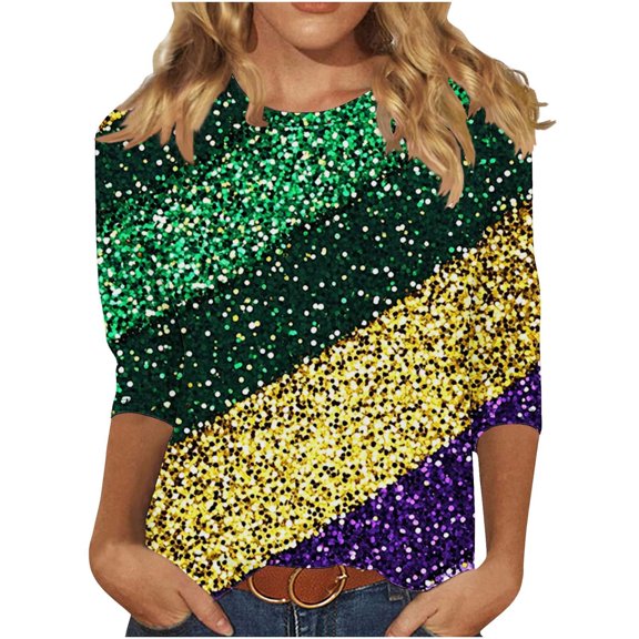 Enjoytime Womens Shirts Carnival Patchwork Crew Neck 3/4 Sleeve Tops Fashion Party Holiday Plus Size Blouses