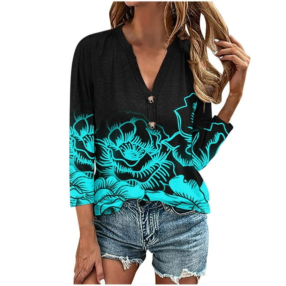 Enjoytime Womens Shirts Casual V Neck 3/4 Sleeve Loose Fit Pullover Tops Flower Printed Button Down Blouses Going Out Blouses Tops for Women
