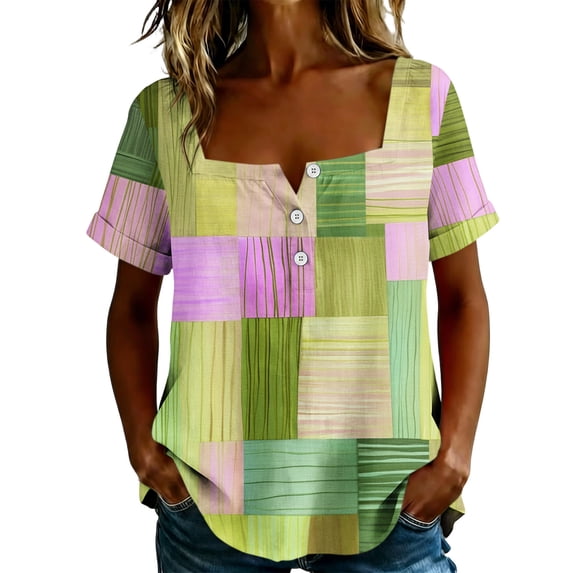Enjoytime Womens Shirts Print Button Down Square Neck Short Sleeve Blouse Summer Casual Work Plus Size Tops