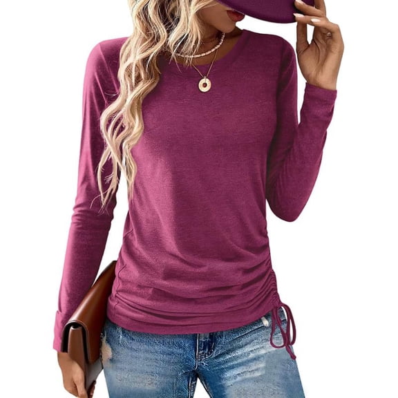 Enjoytime Womens Shirts Solid Color Crewneck Long Sleeve Blouse 2025 Fall Winter Fashion Business Casual Basic Tops Hot Pink XXL