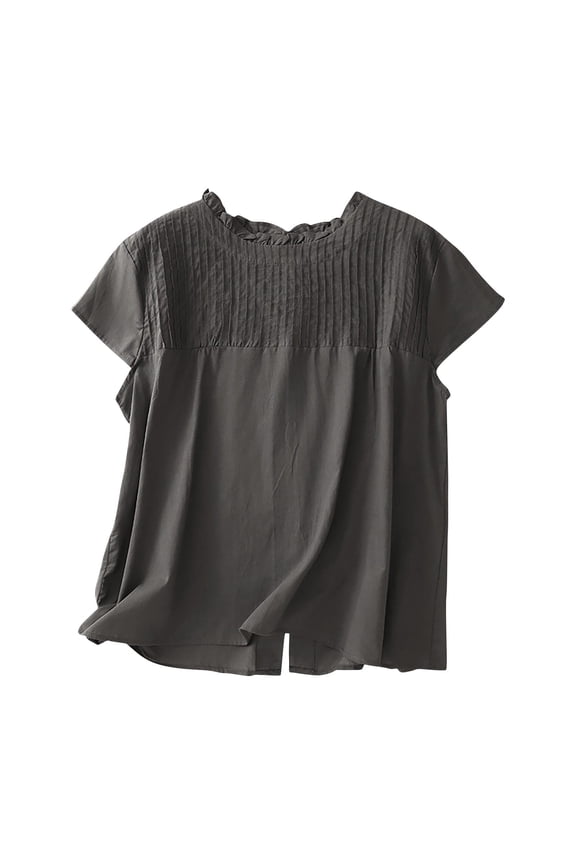 Womens Shirts Solid Color Round Neck Pleated Short Sleeve Tops Casual Reversible Button Down Blouses Gray M