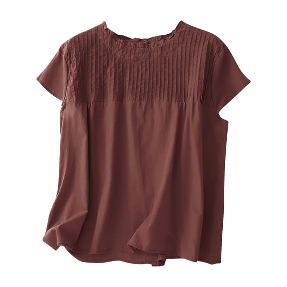 Enjoytime Womens Shirts Solid Color Round Neck Pleated Short Sleeve Tops Casual Reversible Button Down Blouses Wine XL