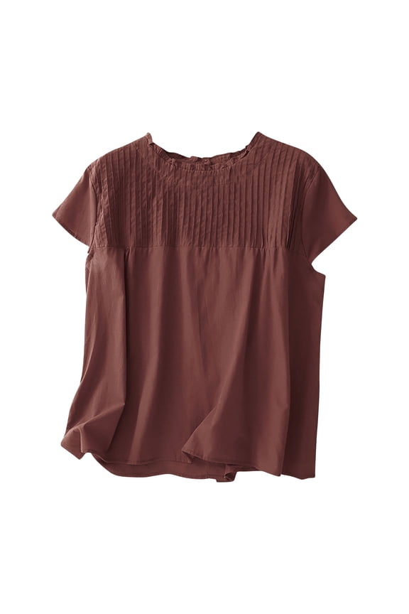 Womens Shirts Solid Color Round Neck Pleated Short Sleeve Tops Casual Reversible Button Down Blouses Wine XXL