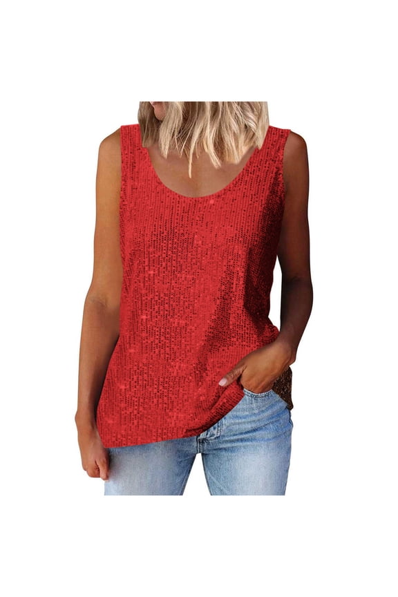 Womens Shirts Solid Color Sequin Round Neck Sleeveless Tops Trendy Fashion Sequin Casual Blouses Red XL