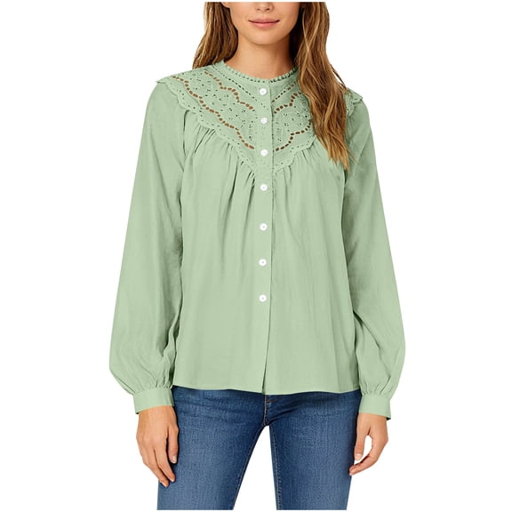 Enjoytime Womens Shirts Solid Color V-Neck Long Sleeve Button Down Blouses Fashion Lace Flowy Dressy Casual Tops Green S