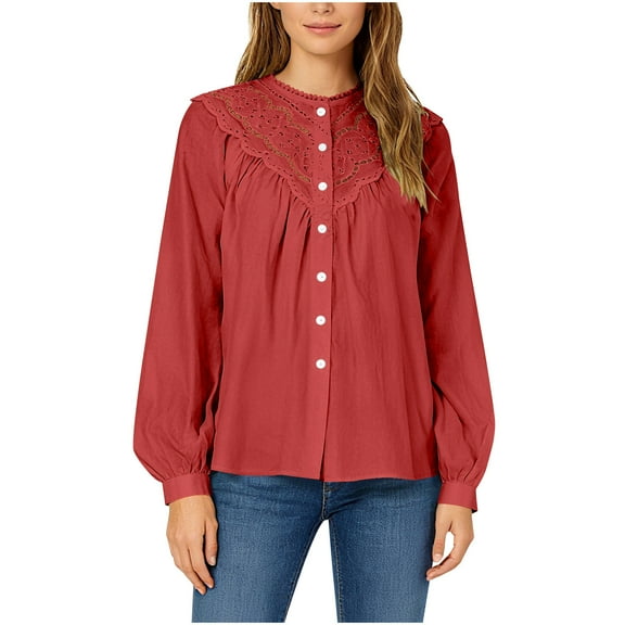 Enjoytime Womens Shirts Solid Color V-Neck Long Sleeve Button Down Blouses Fashion Lace Flowy Dressy Casual Tops Red M