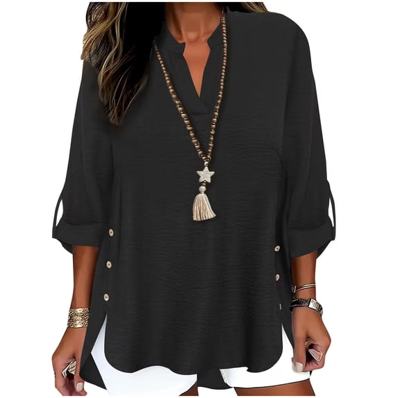 Enjoytime Womens Shirts Solid Color V-Neck Slit Long Sleeve Blouse Spring Summer Beach Vacation Casual Tops Black XL