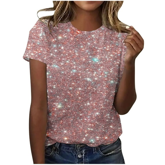 Enjoytime Womens Shirts Sparkling Crystal Printed Round Neck Trendy Blouses Party Fashion Casual Short Sleeve Tops Pink S