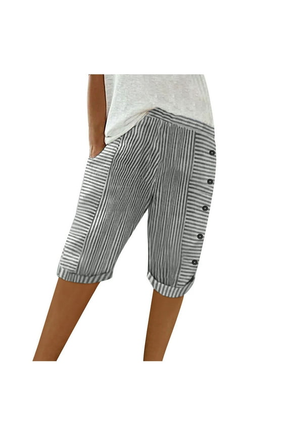 Womens Shorts Striped Patchwork Button Loose Casual Capris Elastic Waist Cotton Linen Comfy Shorts Black XL