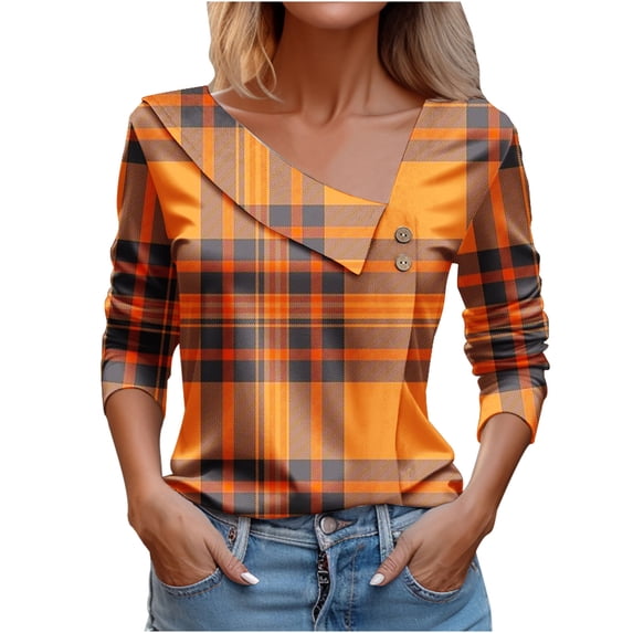 Enjoytime Womens Summer Blouses Plaid Print Long Sleeve Summer Blouse Irregular V Neck Button Down Work Shirt Womens Casual Tops