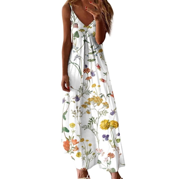 Enjoytime Womens Summer Maxi Dresses Summer Boho Flower Printed V Neck Spaghetti Strap Dresses Sleeveless V Neck Flowy Beach Seaside Birthday Dresses For Women