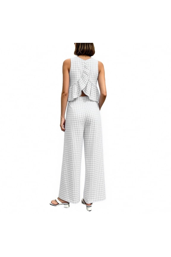 Womens Summer Outfits Plaid Crew Neck Ruffled Sleeveless Tops with Pants Lounge Sets Casual Two Piece Matching Set