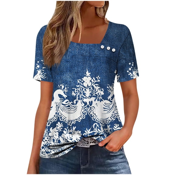 Enjoytime Womens Summer Plus Size Tops Retro Print Short Sleeve Shirts Casual Business Work Blouses