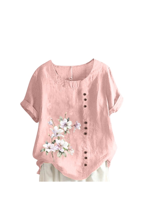 Womens Summer Tops Casual Round Neck Short Sleeve Blouse Flower Printing Loose Shirt Plus Size Womens Clothing