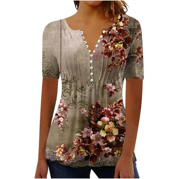 Enjoytime Womens Summer Tops Floral Printing V Neck Short Sleeve Plus Size Fashion Shirts Loose Fit Business Casual Work Blouse