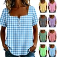 thumbnail image 1 of Enjoytime Womens Summer Tops Plaid Button Down Square Neck Short Sleeve Shirts Casual Work Plus Size Blouses, 1 of 8