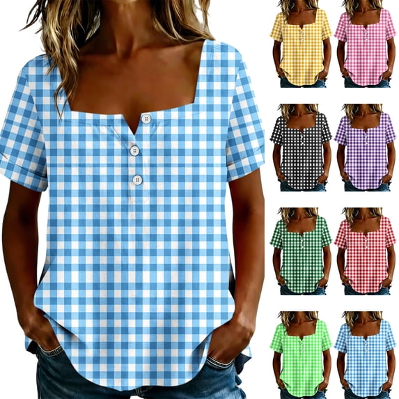 Enjoytime Womens Summer Tops Plaid Button Down Square Neck Short Sleeve Shirts Casual Work Plus Size Blouses