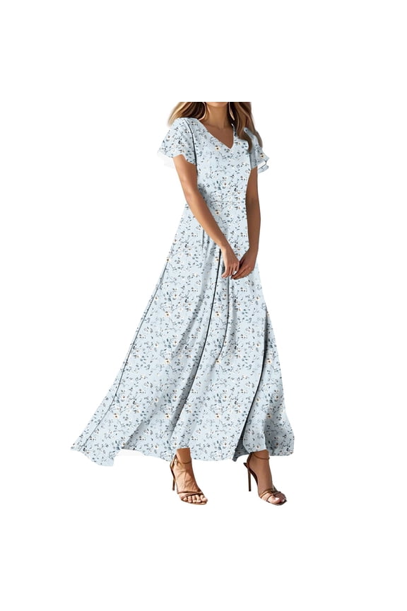 Summer Maxi Dresses for Women V-Neck Ruffle Short Sleeve Floral Dress Loose Flowy Boho Beach Vacation Dresses