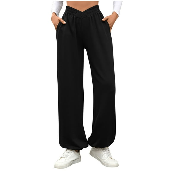 Enjoytime Womens Sweatpants Solid Color High Waist Pants Casual Workout Trousers with Pockets Fall Winter Clothes Outfits 2025 Black XL