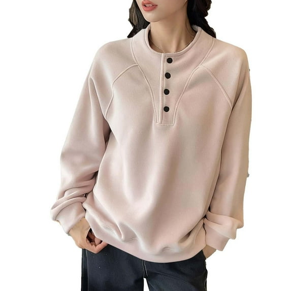 Enjoytime Womens Sweatshirt Casual Long Sleeve Button Down Blouses Fall Winter Fashion Solid Color Crewneck Sweatshirts Pink XL